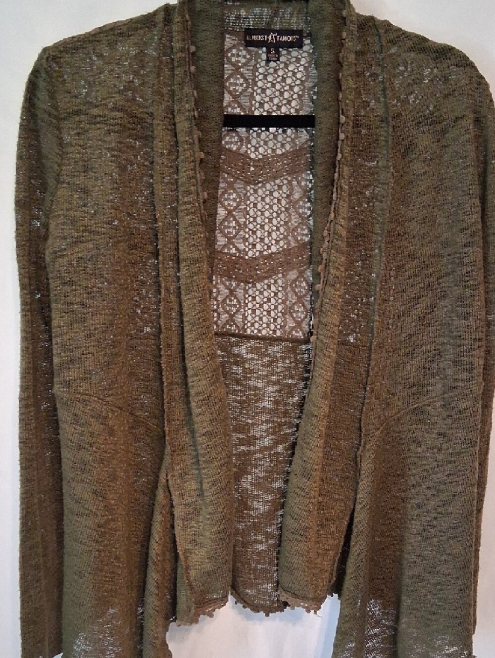 Almost Famous Olive Green Open Front Draped Knit Cardigan Boho Sweater S - Picture 4 of 6